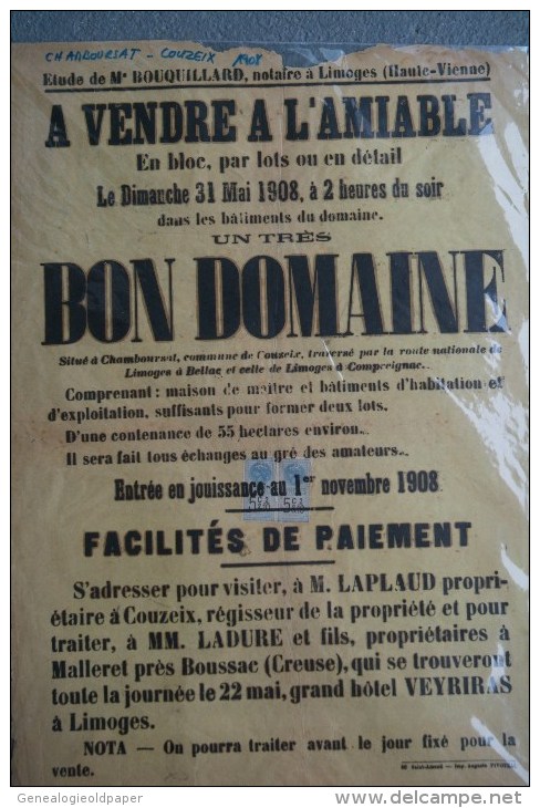 87 -LIMOGES -CHAMBOURSAT COUZEIX- RARE AFFICHE BOUQUILLARD-1908 VENTE DOMAINE -LAPLAUD- M. LADURE A MALLERET BOUSSAC- - Posters