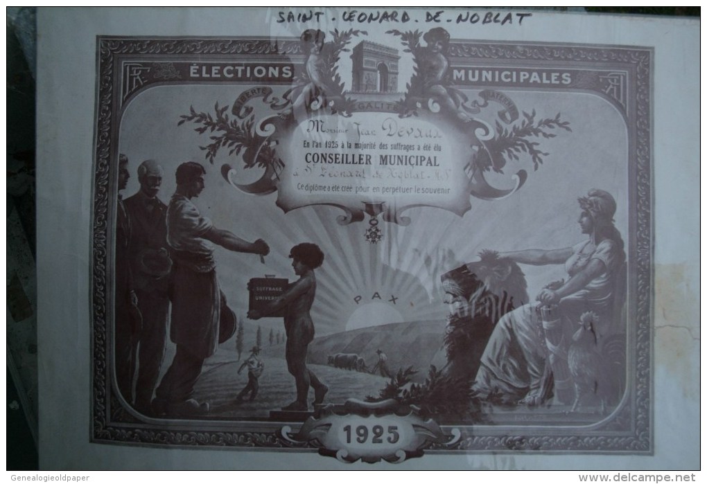 87 - SAINT LEONARD DE NOBLAT - RARE DIPLOME ELECTIONS MUNICIPALES JEAN DEVAUX-1925- CONSEILLER MUNICIPAL - Diplômes & Bulletins Scolaires