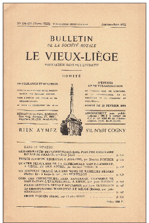 Bulletin De La Société Royale Le Vieux-Liège, N° 176/77 (1972), Histoire Et Archéologie Régionales - Other & Unclassified