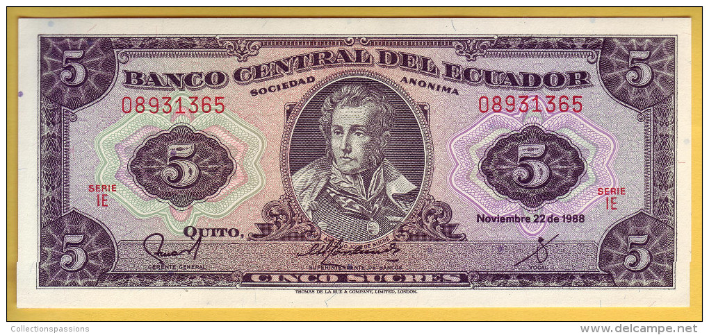 EQUATEUR - Billet De 5 Sucres. 22-11-1988. Pick: 113d. NEUF - Equateur