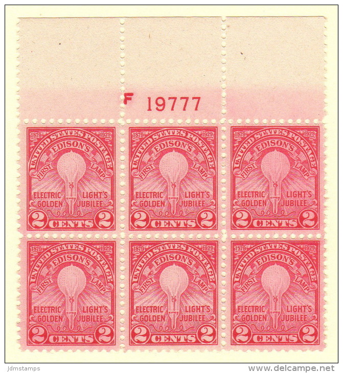 USA SC #654 MNH PB6  1929 Edison / Electric Lamp #19777, CV $40.00 - Plate Blocks & Sheetlets