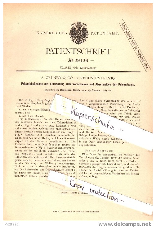 Original Patent - A. Gruner & Co In Leipzig-Reudnitz , 1884 , Priemtabak-Dose , Priem , Tabak , Kautabak !!! - Boites à Tabac Vides