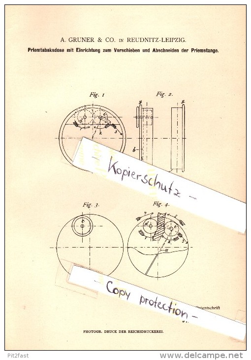 Original Patent - A. Gruner & Co In Leipzig-Reudnitz , 1884 , Priemtabak-Dose , Priem , Tabak , Kautabak !!! - Schnupftabakdosen (leer)