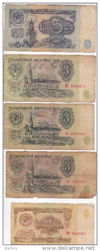 USSR ; Russie ; Russia ;  Rossiya ; 5 ; 3 ; 1 Rubles. Used Banknotes - Russia