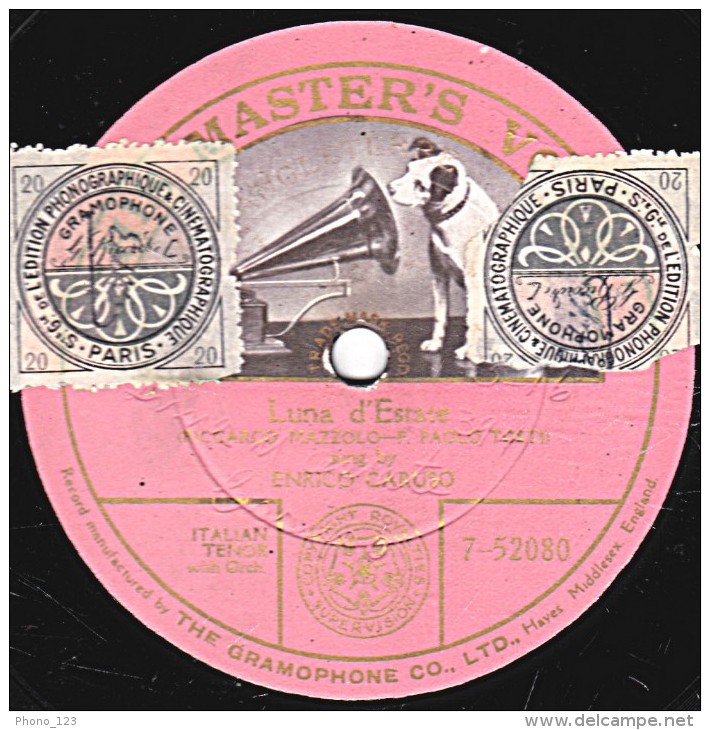 78 Trs - HIS MASTER'S VOICE  7-52104  - 1 Face  L'Ange - état B - ENRICO CARUSO - Luna D'Estrate - 78 Rpm - Schellackplatten