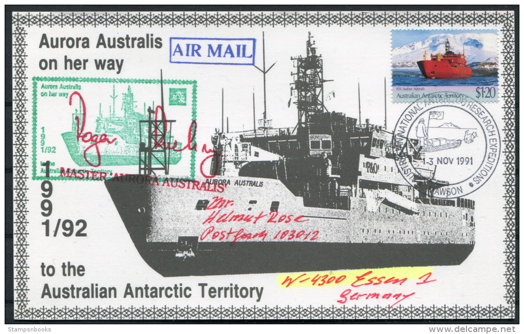 1991 A.A.T. Antarctic Aurora Australis Ship Research Expedition Penguin Mawson Postcard - Cartas & Documentos