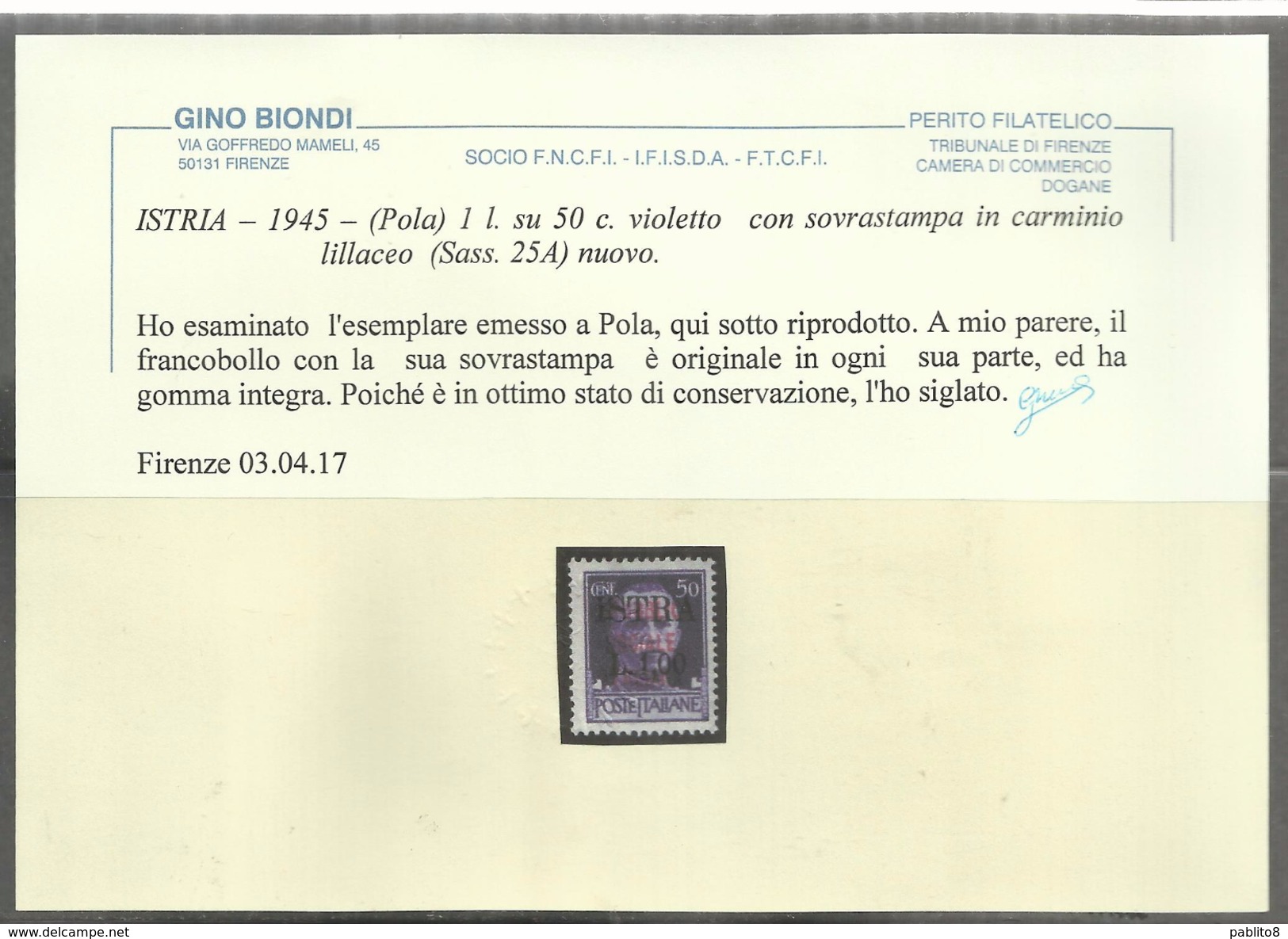 OCCUPAZIONE JUGOSLAVIA YUGOSLAVIA ISTRIA ISTRA 1945 SOPRASTAMPATO LIRE 1 SU CENT. 50 CARMINIO LILLACEO MNH CERTIFICATO - Jugoslawische Bes.: Istrien