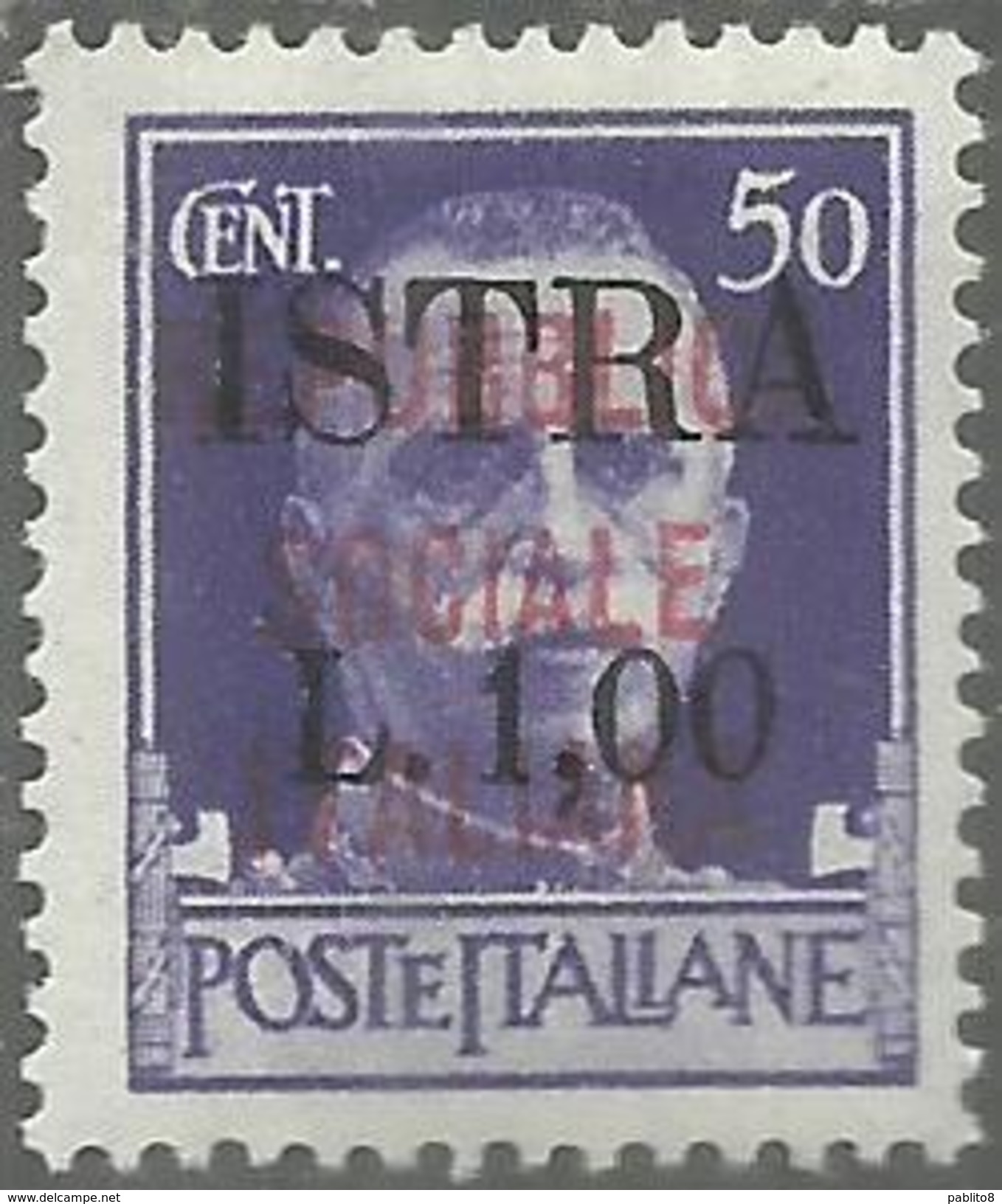 OCCUPAZIONE JUGOSLAVIA YUGOSLAVIA ISTRIA ISTRA 1945 SOPRASTAMPATO LIRE 1 SU CENT. 50 CARMINIO LILLACEO MNH CERTIFICATO - Jugoslawische Bes.: Istrien