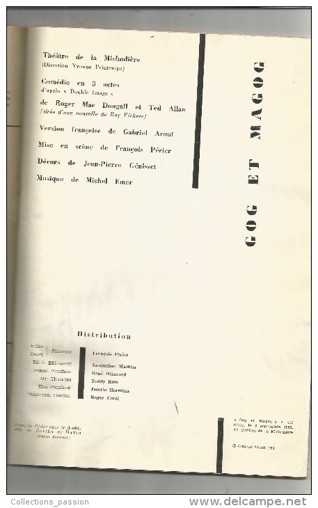 THEATRE , L'Avant-Scéne , Fémina Théâtre , 1960 , GOG ET MAGOG, François  PERIER , 50 Pages, 3 Scans ,  Frais Fr :3.00€ - Sonstige & Ohne Zuordnung