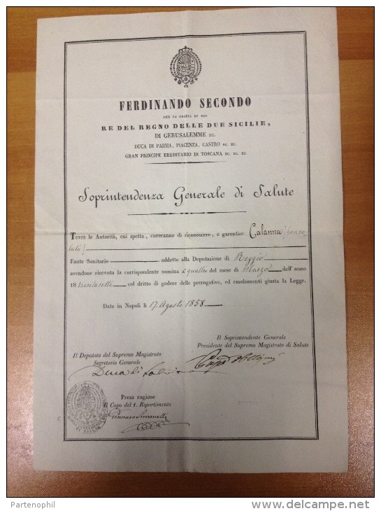 REGNO  DELLE DUE SICILIE 1858 - NOMINA DELL'ADDETTO ALLA DEPUTAZIONE SANITARIA DI REGGIO, DALLA SOPRINTENDENZA GENERALE - Decreti & Leggi