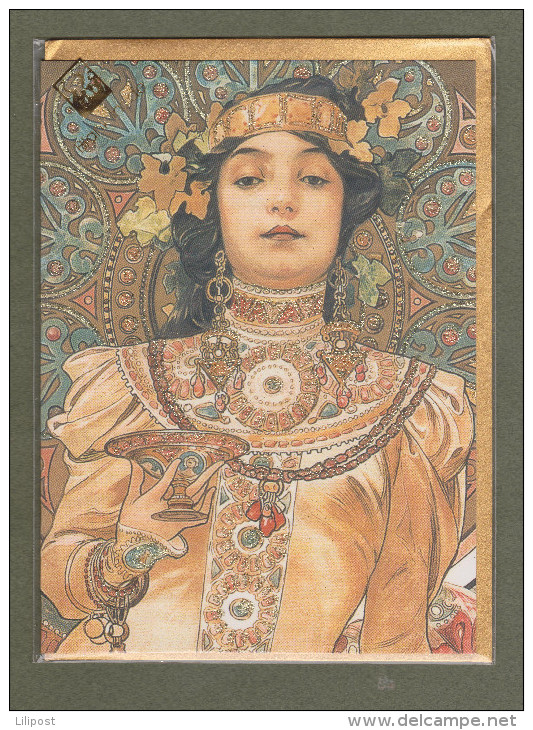 Mucha, Carte Paillettes Et Enveloppe Sous Plastique, Reproduction, Femme, Woman, Frau, Art Nouveau, Jugendstil - Contemporánea (desde 1950)