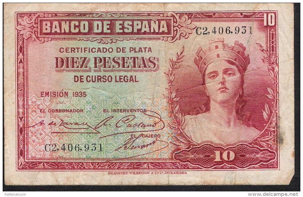 SPAIN   P86   10   PESETAS   1935      VF - 10 Pesetas