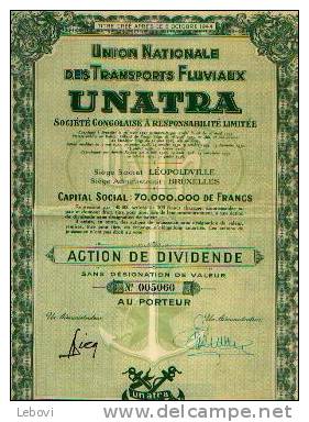LEOPOLDVILLE/BRUXELLES "Union Nationale Des Transports Fluviaux UNATRA" - Action De Dividende - Afrika