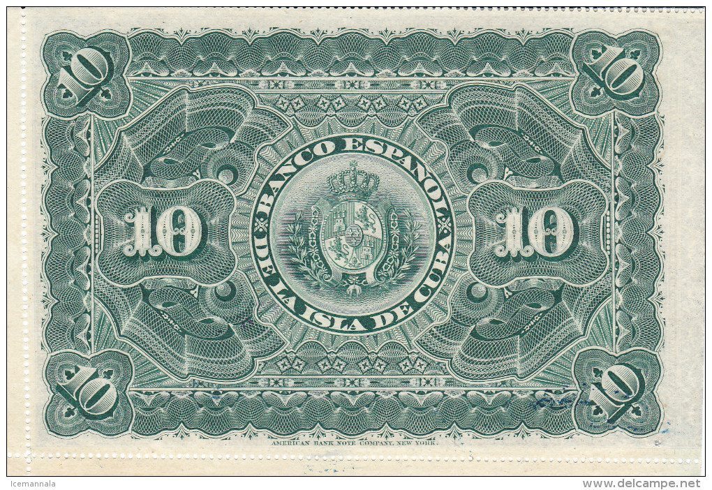 CUBA  , BILLETE   DE 10 PESOS,  AÑO   1896 - Autres & Non Classés