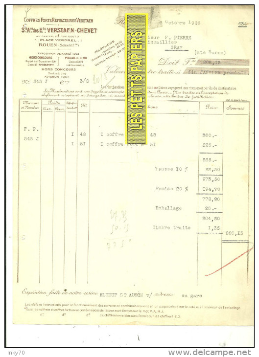 76 - Seine-maritime - ROUEN - Facture VERSTAEN-CHEVET - Coffres-forts Réfractaires – 1926 - REF 160 - 1900 – 1949