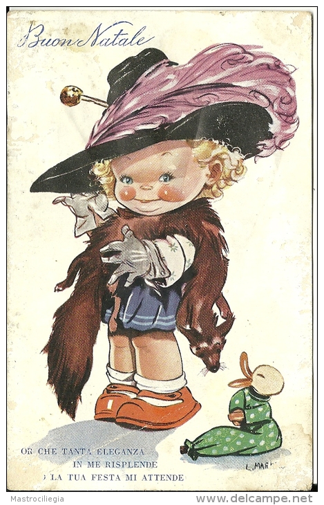 BUON NATALE  Illustrata  Bambina Si Traveste Da Donna Grande  Con Cappello Con Piuma E Pelliccia  Sign L.Mart - Altri & Non Classificati