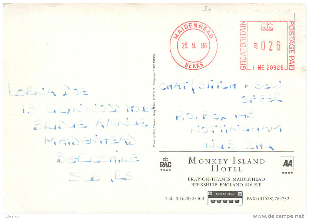 Monkey Island Hotel, Bray-on-Thames, Berkshire, England Postcard Posted 1996 Stamp - Autres & Non Classés