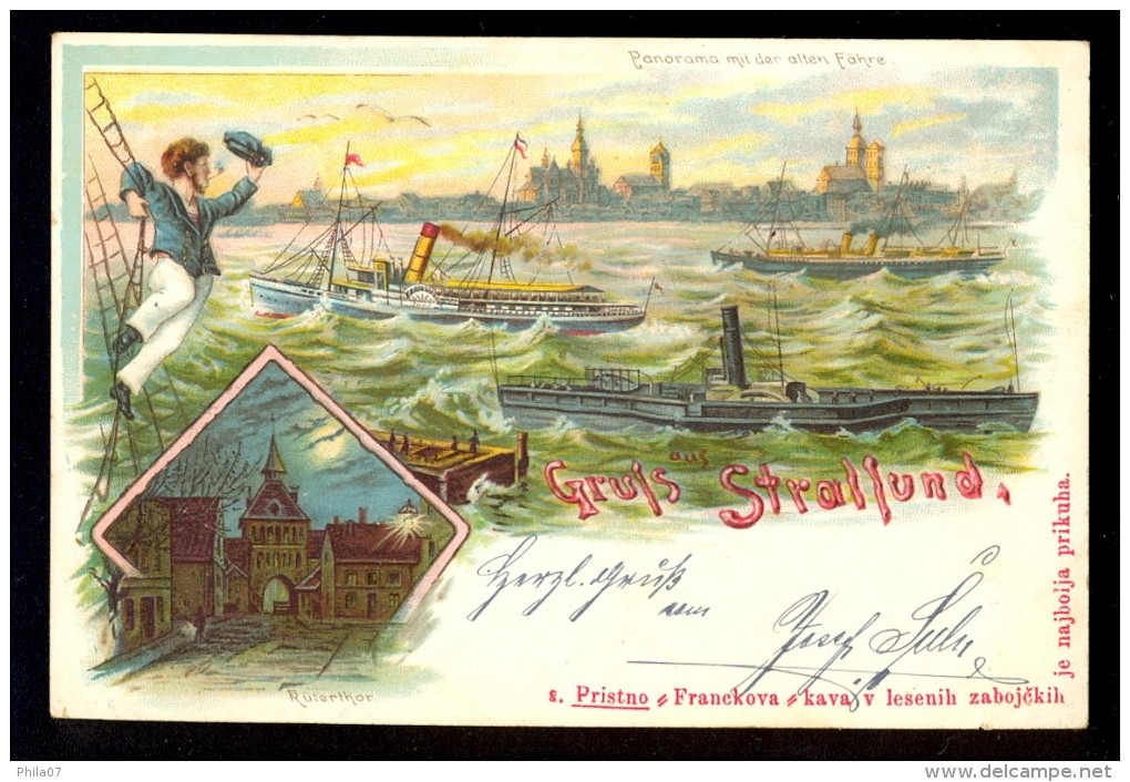 Litho / Gruss Aus Stralsund. Panorama Mit Der Alten Fahre / Franckova Kava V Lesenih/ Year 1899 / Old Postcard Traveled - Stralsund