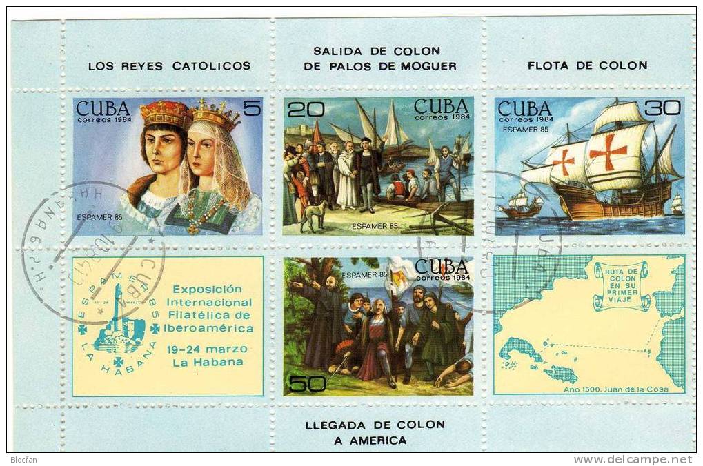 Expo ESPAMER 1985 Havanna Kuba 2894/7+Block 86 O 12€ Columbus Entdeckung Amerikas Philatelic M/s Ship Bloc Sheet Bf Cuba - Collections, Lots & Séries