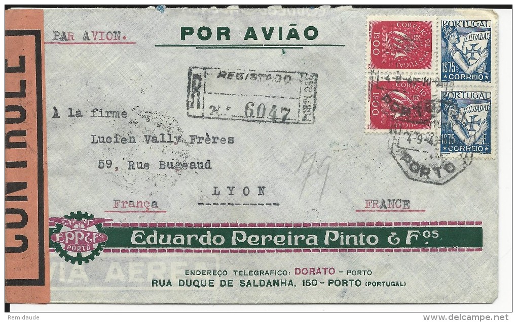 1945 - ENVELOPPE RECOMMANDEE De PORTO (PORTUGAL) Avec CENSURE FRANCAISE Pour LYON - Lettres & Documents