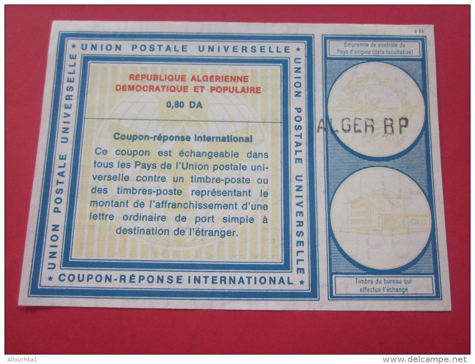 UPU Entiers Postaux Coupon-réponse Union Postale Universelle ALGER RP République Algérienne Dem &amp; Populaire &gt;0.80 - Coupons-réponse