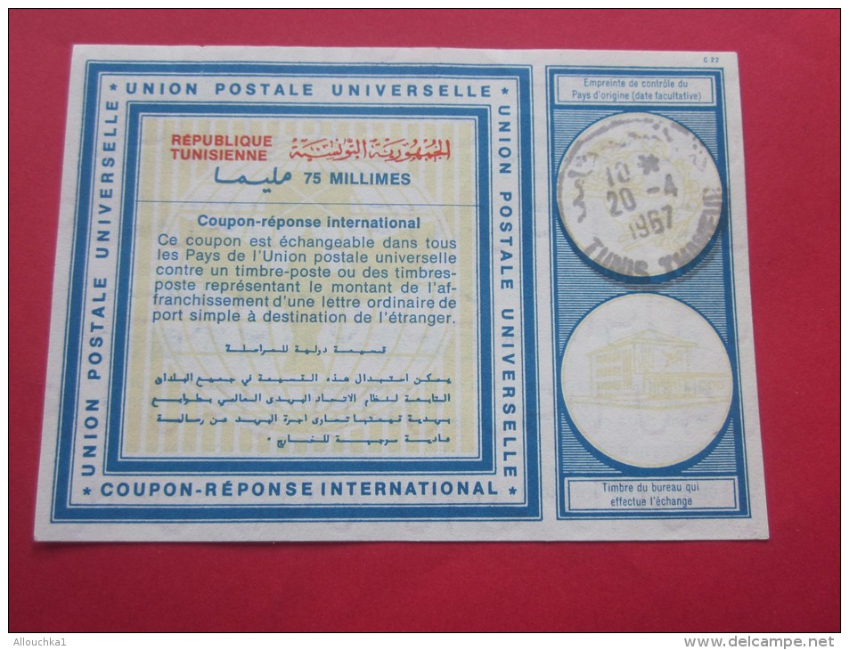 UPU Entiers Postaux Coupon-réponse Union Postale Universelle République Tunisienne Tunis 20 Avril 1967 - Antwoordbons