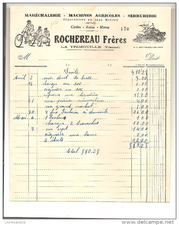 Rochereau Frères Maréchalerie Machines Agricoles Serrurie Cycles Autos Et Motos à La Trimouille (86) Des Années 1940 - Agriculture