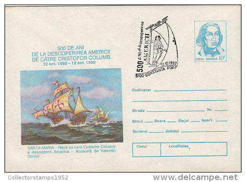 9292- CHRISTOFOR COLUMBUS, EXPLORER, SANTA MARIA SHIP, COVER STATIONERY, 1992, ROMANIA - Christophe Colomb