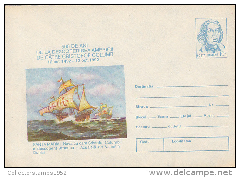 9293- CHRISTOFOR COLUMBUS, EXPLORER, SANTA MARIA SHIP, COVER STATIONERY, 1992, ROMANIA - Christophe Colomb