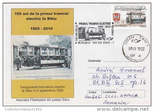 9334- TRAM, TRAMWAY, SIBIU FIRST ELECTRIC TRAMWAY, SPECIAL COVER, 2010, ROMANIA - Tramways