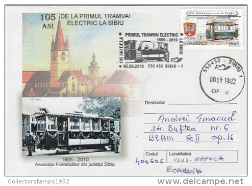 9335- TRAM, TRAMWAY, SIBIU FIRST ELECTRIC TRAMWAY, SPECIAL COVER, 2010, ROMANIA - Tramways