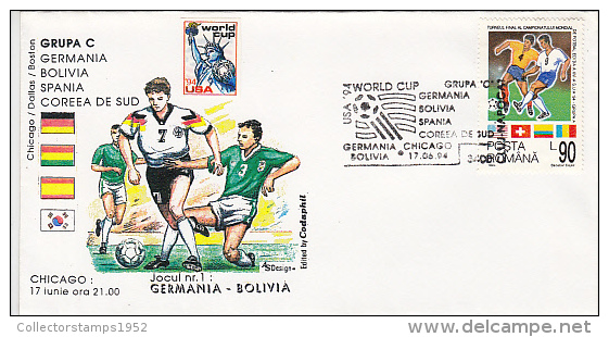 9447- USA'94 SOCCER WORLD CUP, GERMANY- BOLIVIA GAME, SPECIAL COVER, 1994, ROMANIA - 1994 – USA