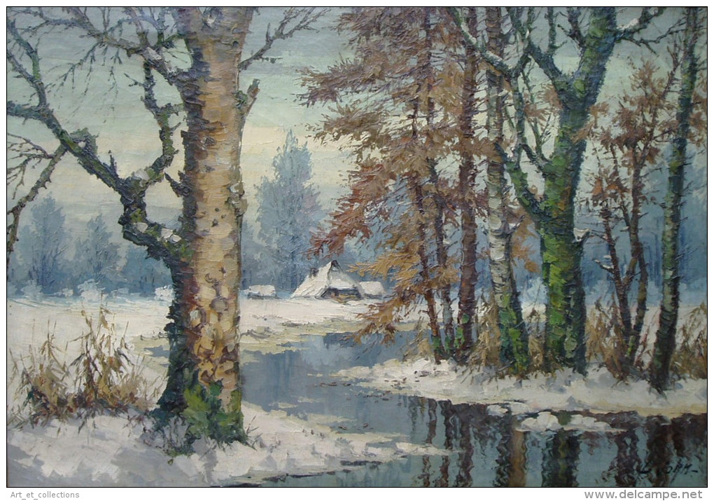 Belle Et Grande Huile Sur Toile "Paysage D’Hiver" Signée - Watercolours