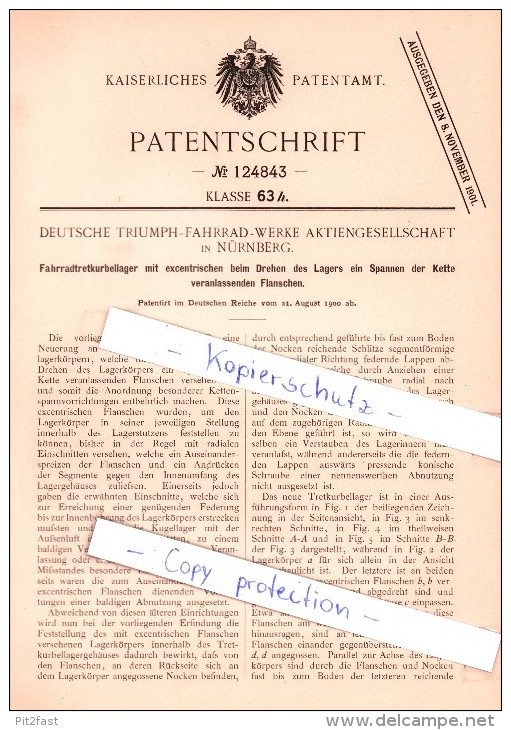 Original Patent  -  Deutsche Triumph-Fahrrad-Werke AG In Nürnberg , 1900 , Tretlager , Fahrräder !!! - Sonstige & Ohne Zuordnung