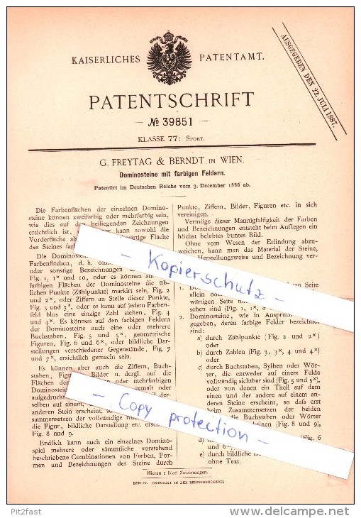 Original Patent  - G. Freytag & Berndt In Wien , 1886 , Dominosteine Mit Farbigen Feldern , Domino !!! - Antikspielzeug