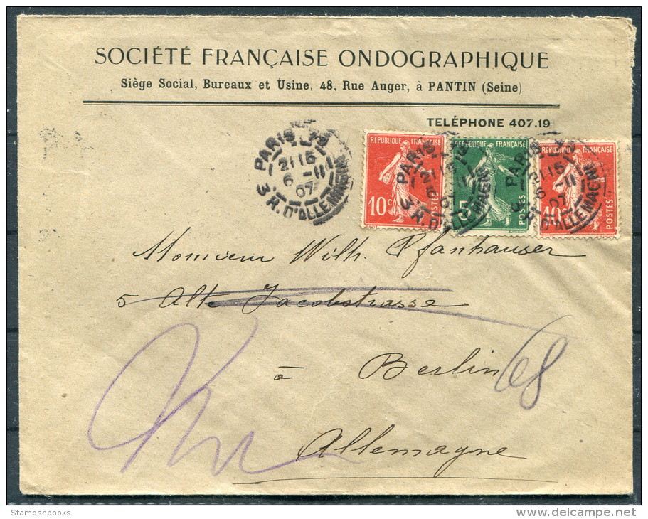 1907 France Societe Francaise Ondographique Paris Cover - Berlin Germany - Covers & Documents