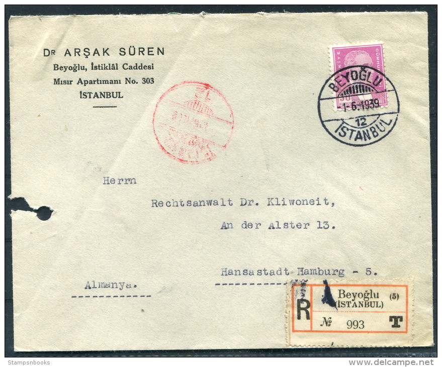 1939 Turkey Beyoglu Istanbul Dr Arsak Suren Registered Einschreiben Cover - Hamburg Germany - Brieven En Documenten