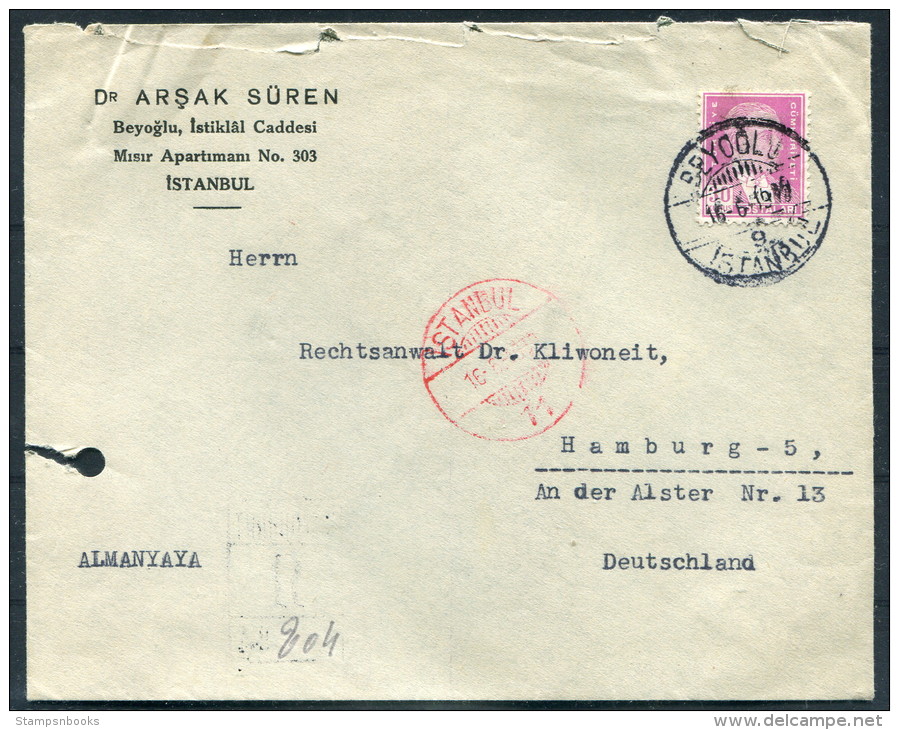 1939 Turkey Beyoglu Istanbul Dr Arsak Suren Registered Einschreiben Cover - Hamburg Germany - Covers & Documents