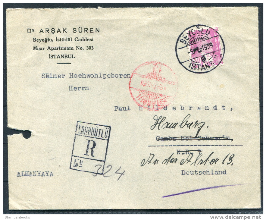 1939 Turkey Beyoglu Istanbul Dr Arsak Suren Registered Einschreiben Cover - Cambs Hamburg Germany - Covers & Documents