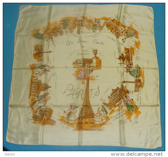 Foulard Satiné Vintage  Un Beau Conte De Versailles Vers 1750 à Paris Monuments ,promeneurs BE - Hoofddoeken En Sjaals