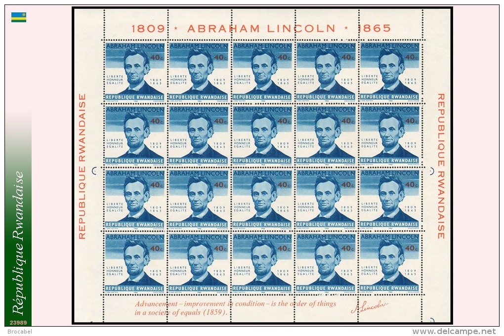 Rwanda 0095** 40c Abraham Lincoln Feuilles / Bogen / Sheet De 20 MNH - Unused Stamps