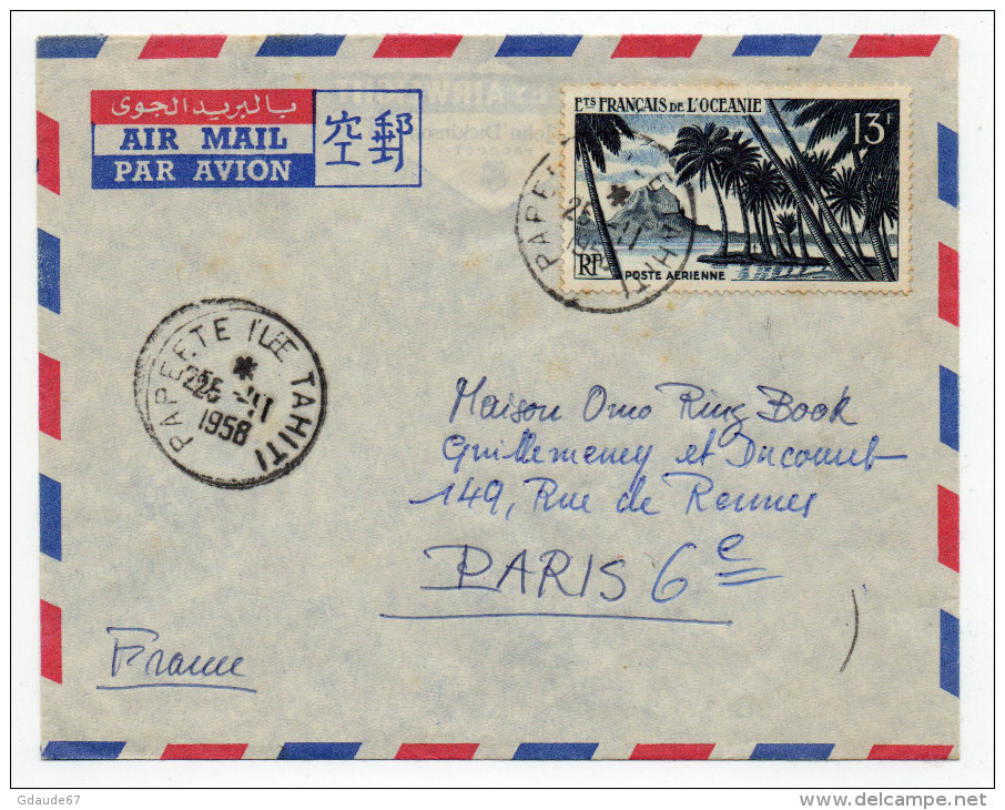 1958 - ENVELOPPE De PAPEETE (OCEANIE / TAHITI) Avec SEUL Pour PARIS - Storia Postale