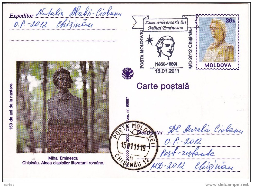 Moldova Moldavie  Moldau ; 2011 ;   Poet M.Eminescu ; Special Cancell - Moldova