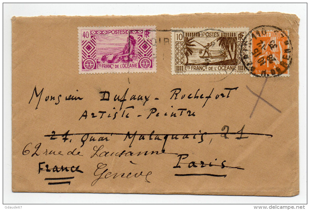 1933 - RARE ENVELOPPE De PAPEETE  (OCEANIE / TAHITI) Pour PARIS -> REEXPEDIEE Pour La SUISSE Avec TYPE PAIX - MIXTE - Cartas & Documentos