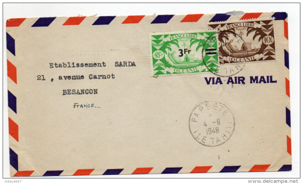 1948 - ENVELOPPE De PAPEETE (OCEANIE / TAHITI) Pour BESANCON - TP FRANCE LIBRE - Lettres & Documents