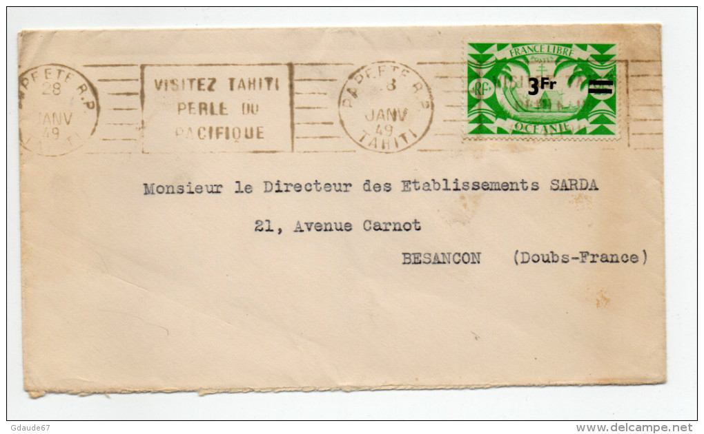 1948 - ENVELOPPE De PAPEETE (OCEANIE / TAHITI) Pour BESANCON Avec MECA + SEUL TP FRANCE LIBRE - Lettres & Documents