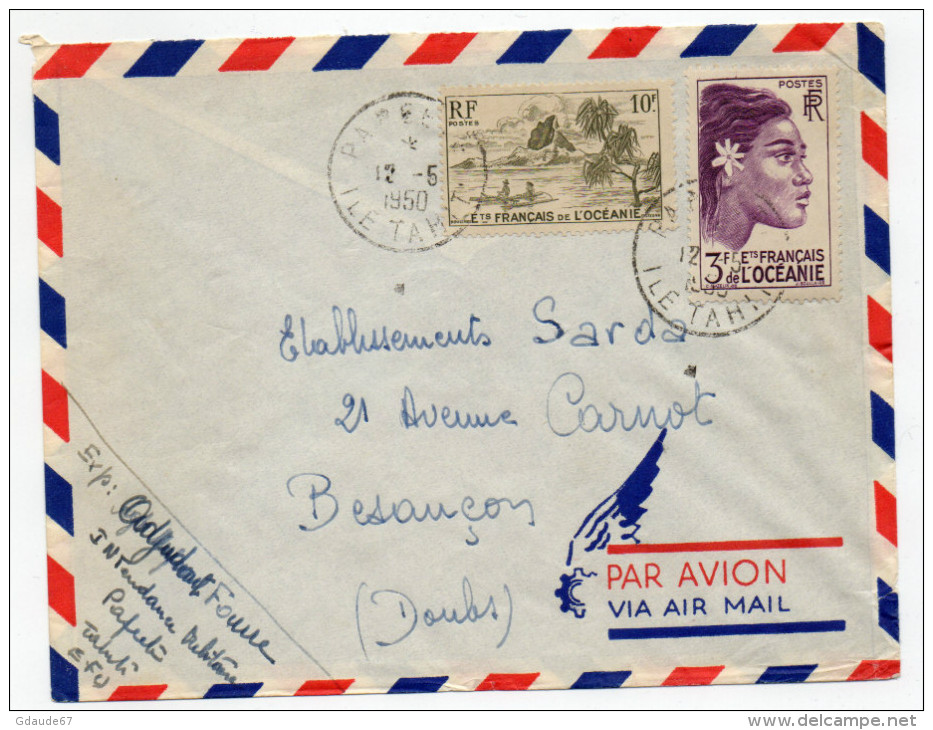 1950 - ENVELOPPE De PAPEETE (OCEANIE / TAHITI) Pour BESANCON - Cartas & Documentos