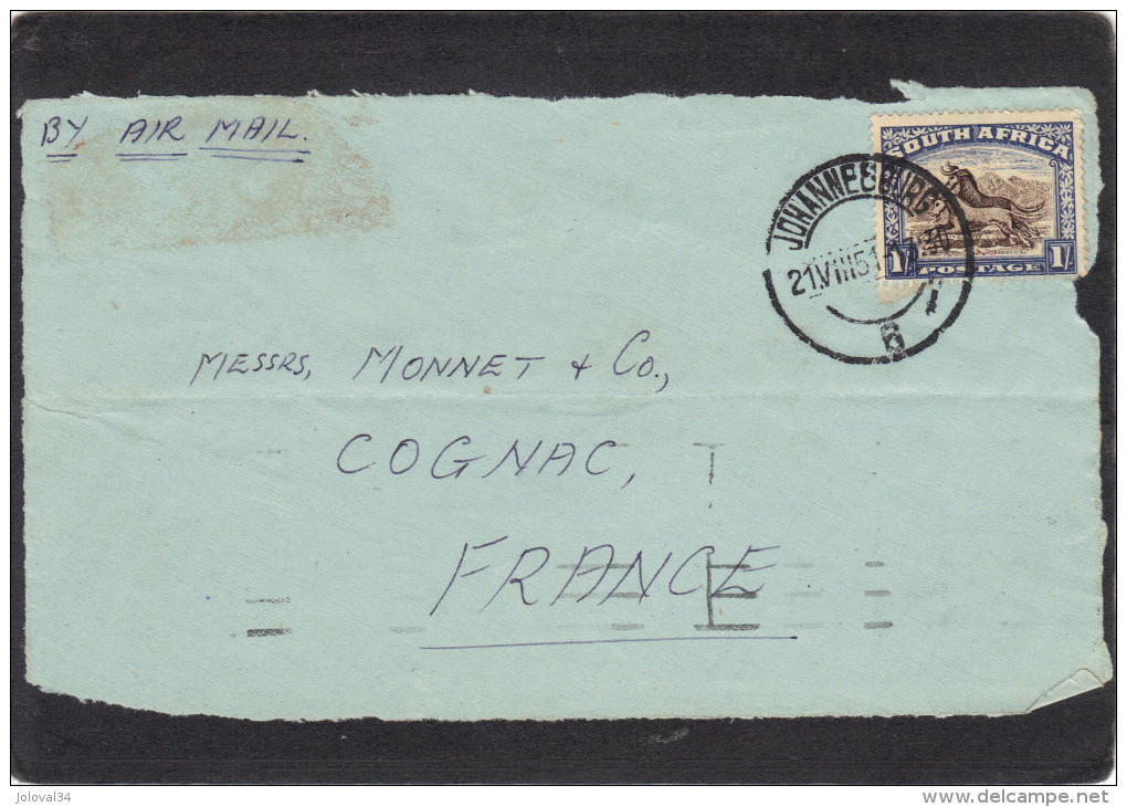 Afrique Du Sud - Devant De Lettre Avion  Johannesburg 21/8/ 1951 Pour Cognac Charente France - Briefe U. Dokumente