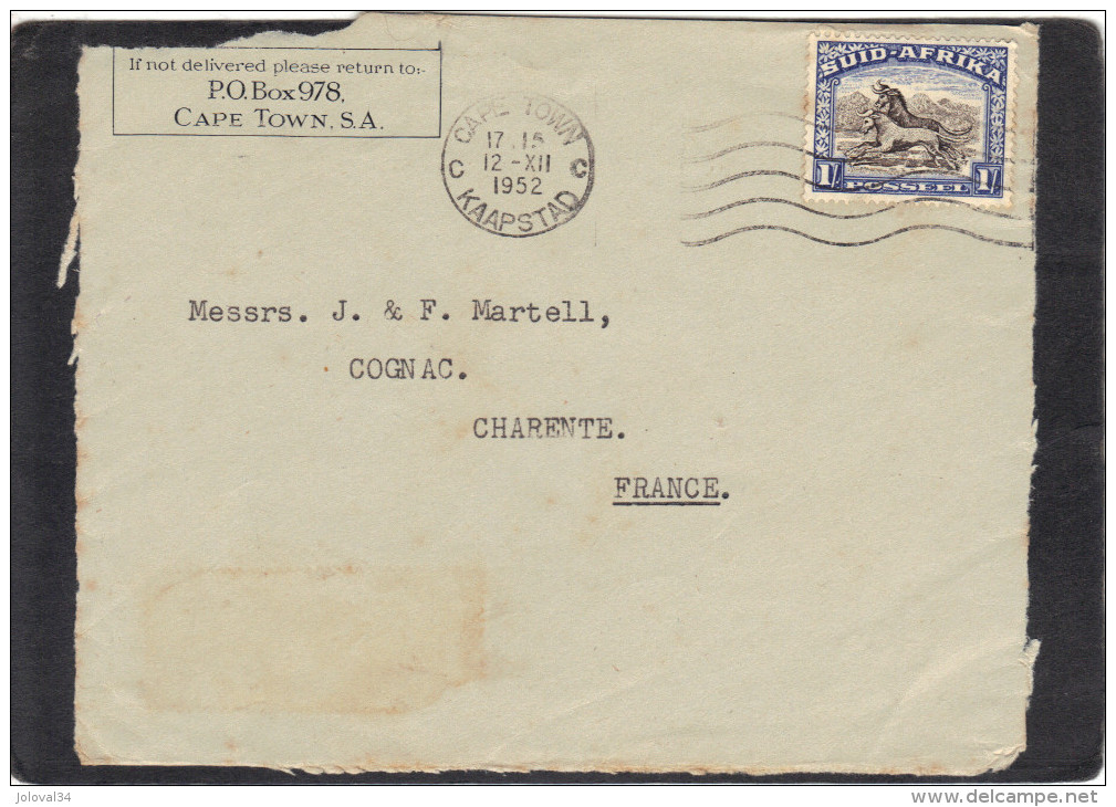 Afrique Du Sud - Devant De Lettre Avion  Cape Town 12/12/ 1952 Pour Cognac Charente France - Briefe U. Dokumente