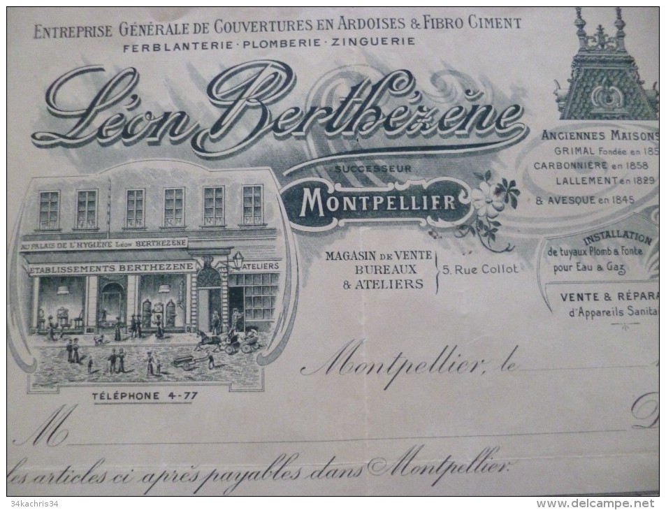Superbe Facture Illustrée Montpellier. Maison Léon Berthézène. 191? 5  Rue  Collot.Entreprise De Couverture En Ardoises - Perfumería & Droguería